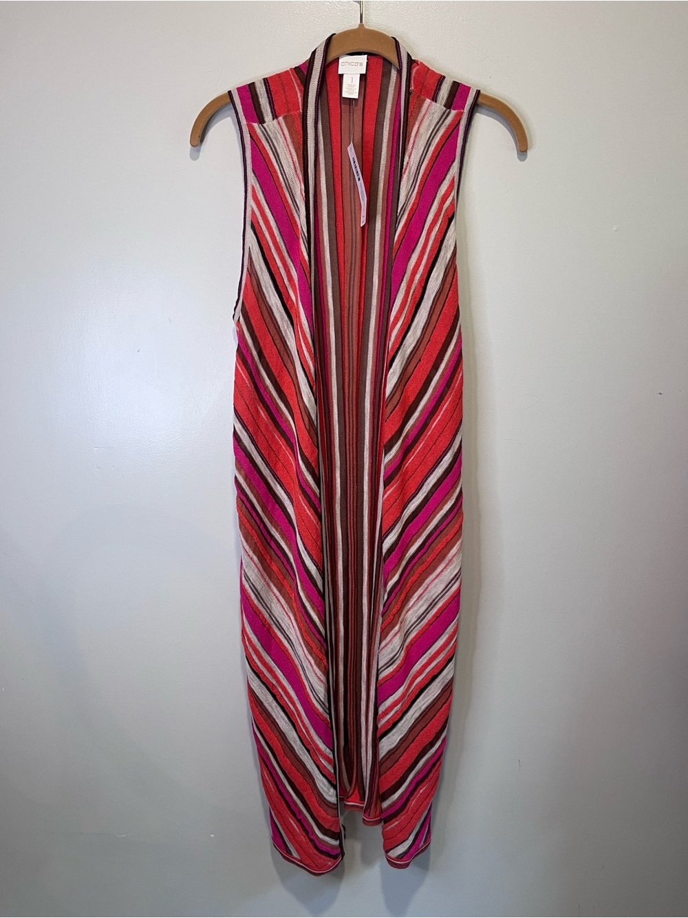 Chico's NWT Sleeveless Maxi Cardigan - Pink, Red, Stripe
